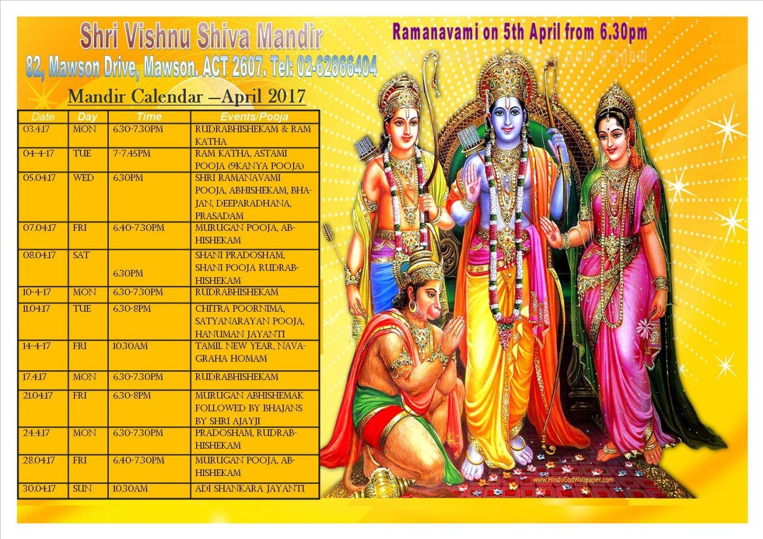 Calendars 2017 Sri Vishnu Shiva Mandir Canberra