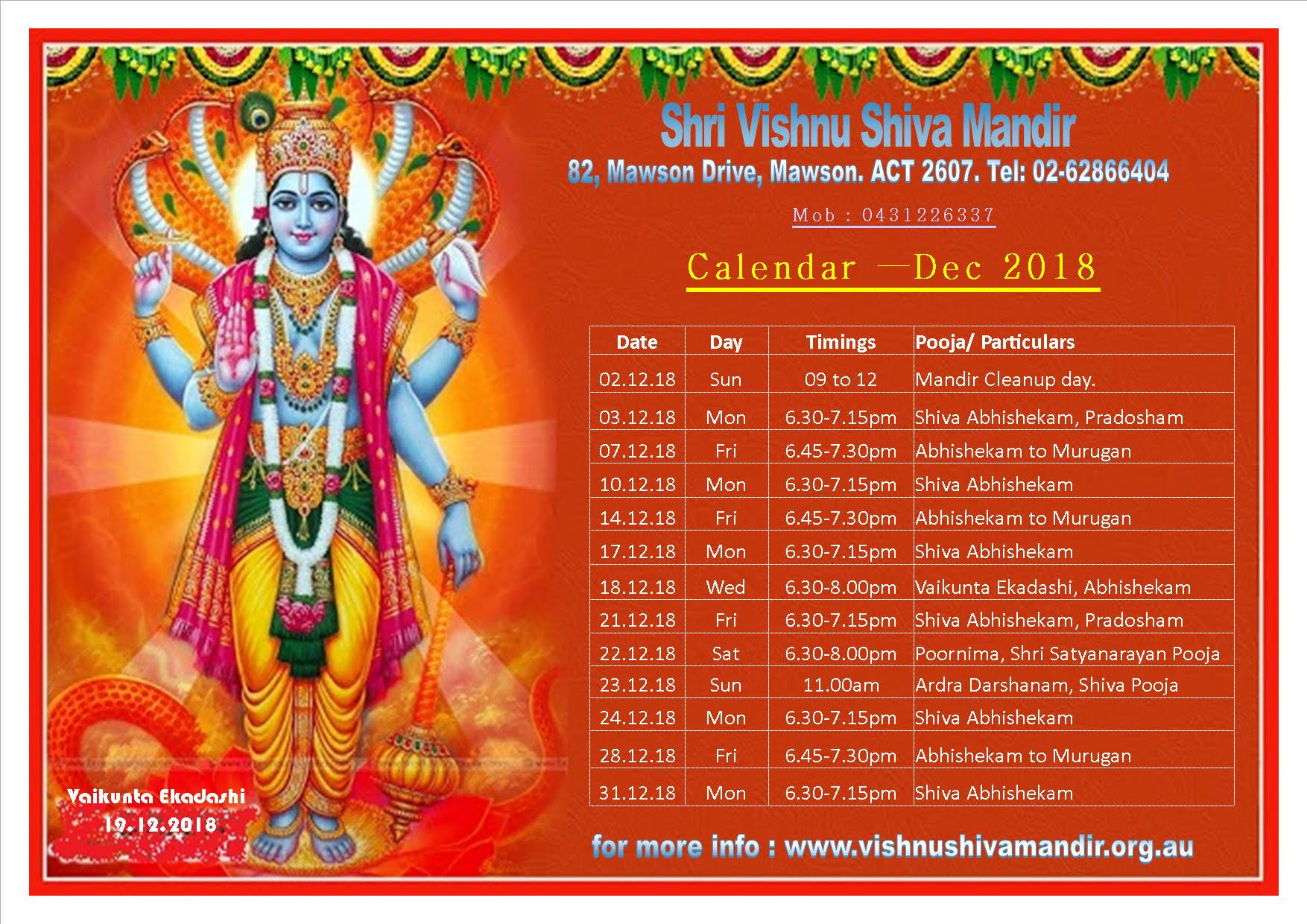 Calendars 2018 Sri Vishnu Shiva Mandir Canberra