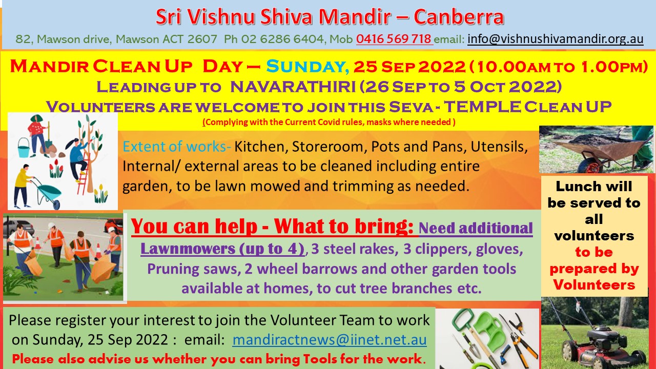 Mandir Clean Up  Day - Sunday, 25 Sep