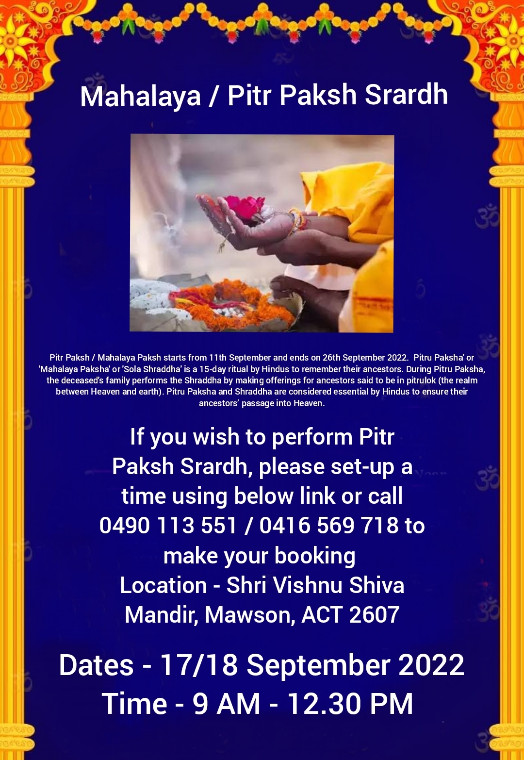 Arrangements for Mahalaya / Pitr Paksh Srardh at Vishnu Shiva Mandir