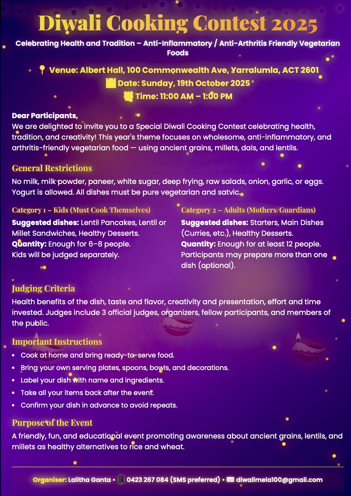 Diwali Mela 2025 @Albert hall - Sunday, 19 October 2025 - Nutritional Food Cooking Contest - Register before 14 Oct