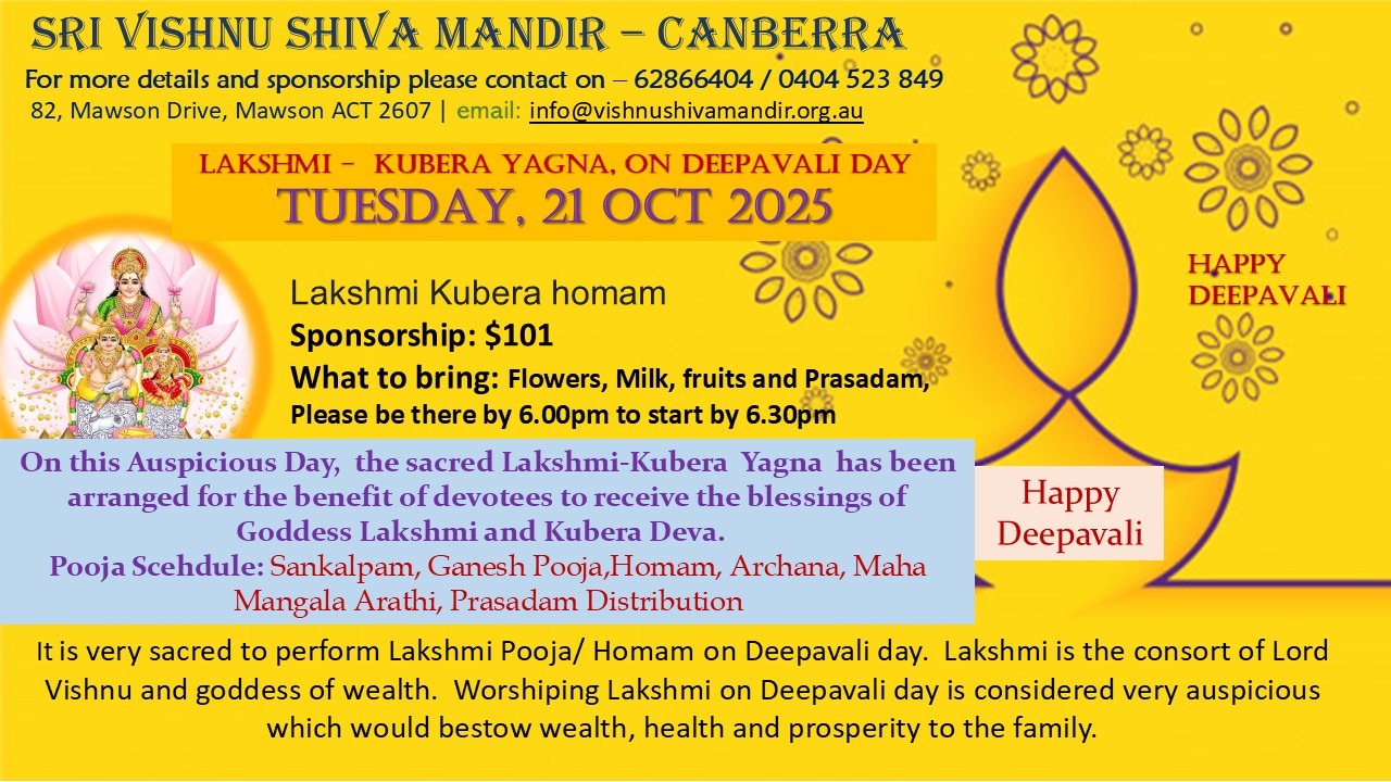 Lakshmi - Kubera Yagna, on DEEPAVALI Day - 21 OCT