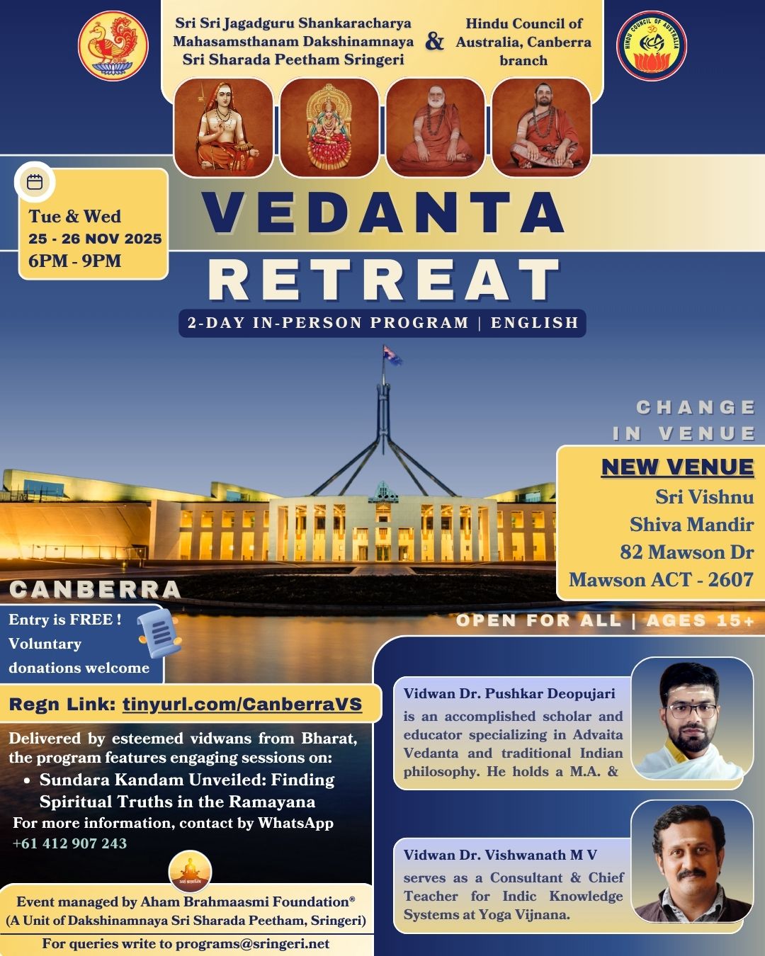 Vedanta Retreat at Mandir 25th & 26th Nov (coming Tues & Wed) from 6 - 9 pm